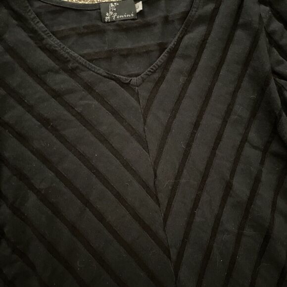 FENINI Black Stripe Scoop Tunic top LARGE Burnout 3/4 sleeve Lightweight - Picture 2 of 5